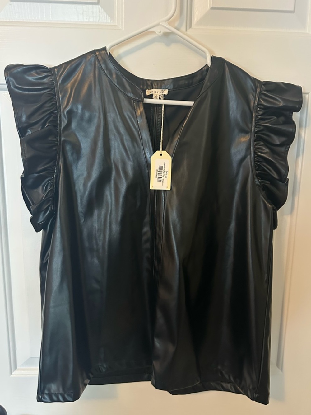 Faux Leather Ruffle-Sleeve Shell Top - Black